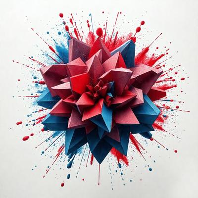 The primary subject of the image is a colorful, three-dimensional paper flower. The flower is made up of red, blue, and pink paper, giving it a vibrant and eye-catching appearance. The setting is a white background, which allows the flower to stand out and be the main focus of the image. The visual style is a combination of digital art and illustration, as the paper flower is created using paper and crafting techniques. The colors and mood of the image are lively and cheerful, with